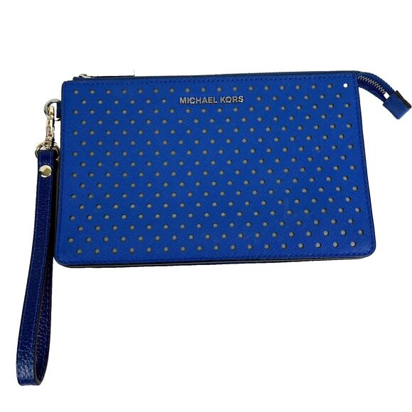 Michael Kors Wristlet Clutch Organizer Pouch w/ Card Slots Cobalt Blue Leather - Picture 1 of 16